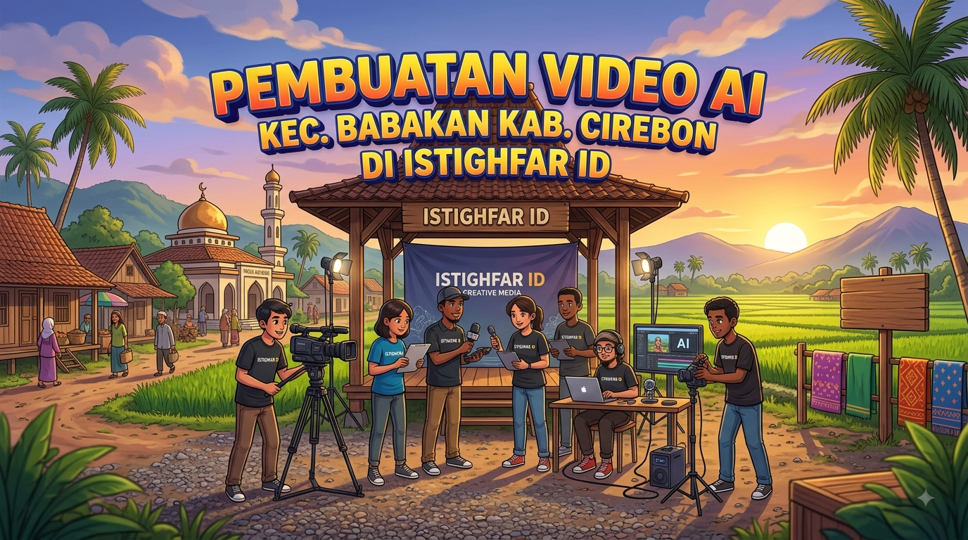 Tim ahli Pembuatan video AI Babakan sedang memproses rendering video sinematik di Istighfar ID