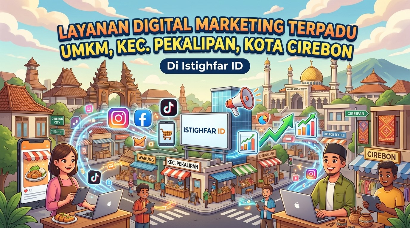 Tim layanan digital marketing terpadu UMKM Pekalipan sedang merancang strategi analitik digital di Istighfar ID